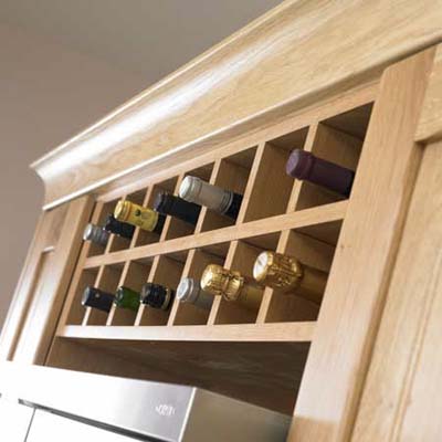 Wine storage rack with lattice grid for bottle organization.