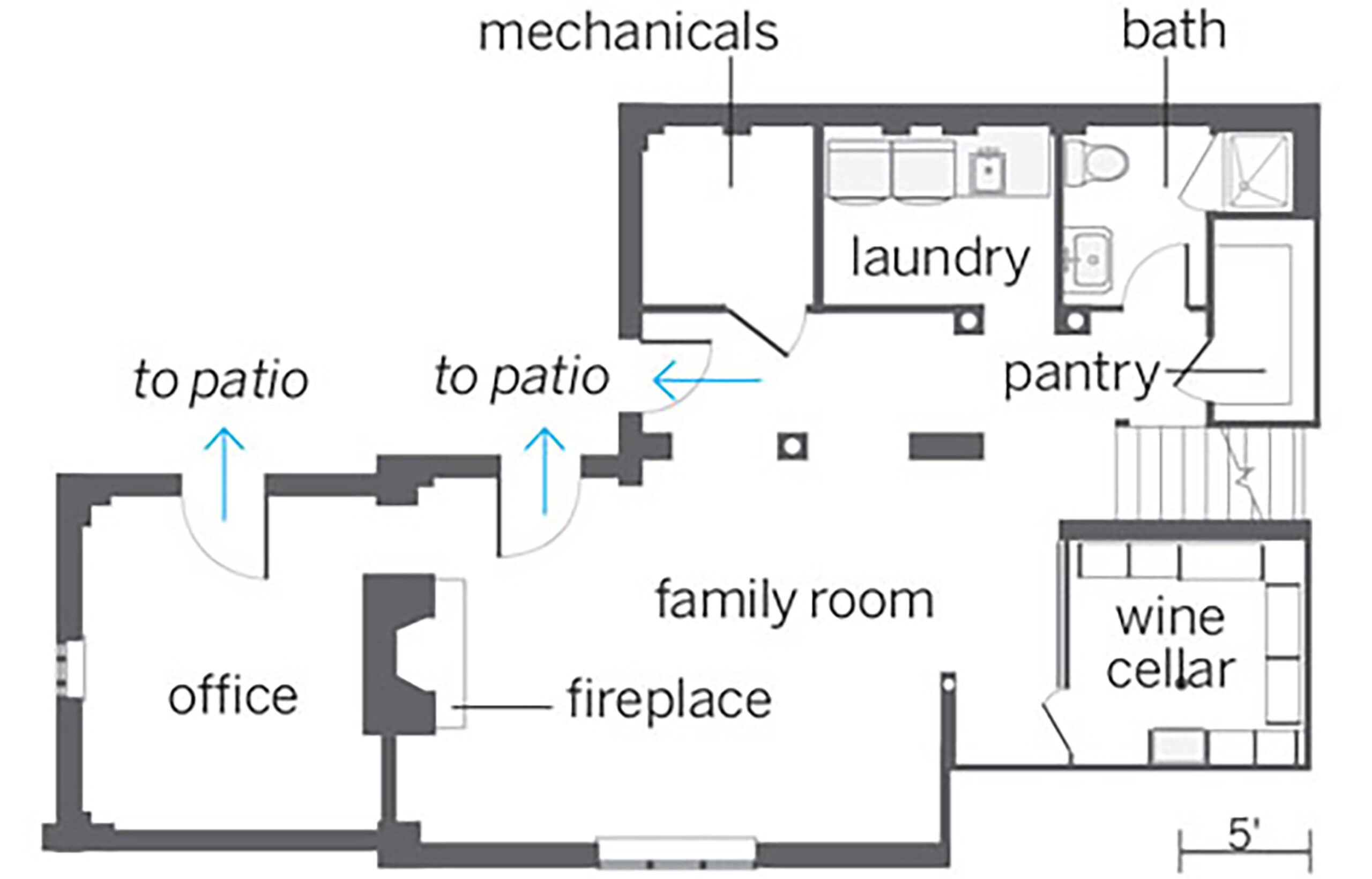 A labelled basement floor plan.
