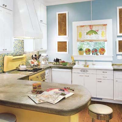 Kitchen with white range hood cover.