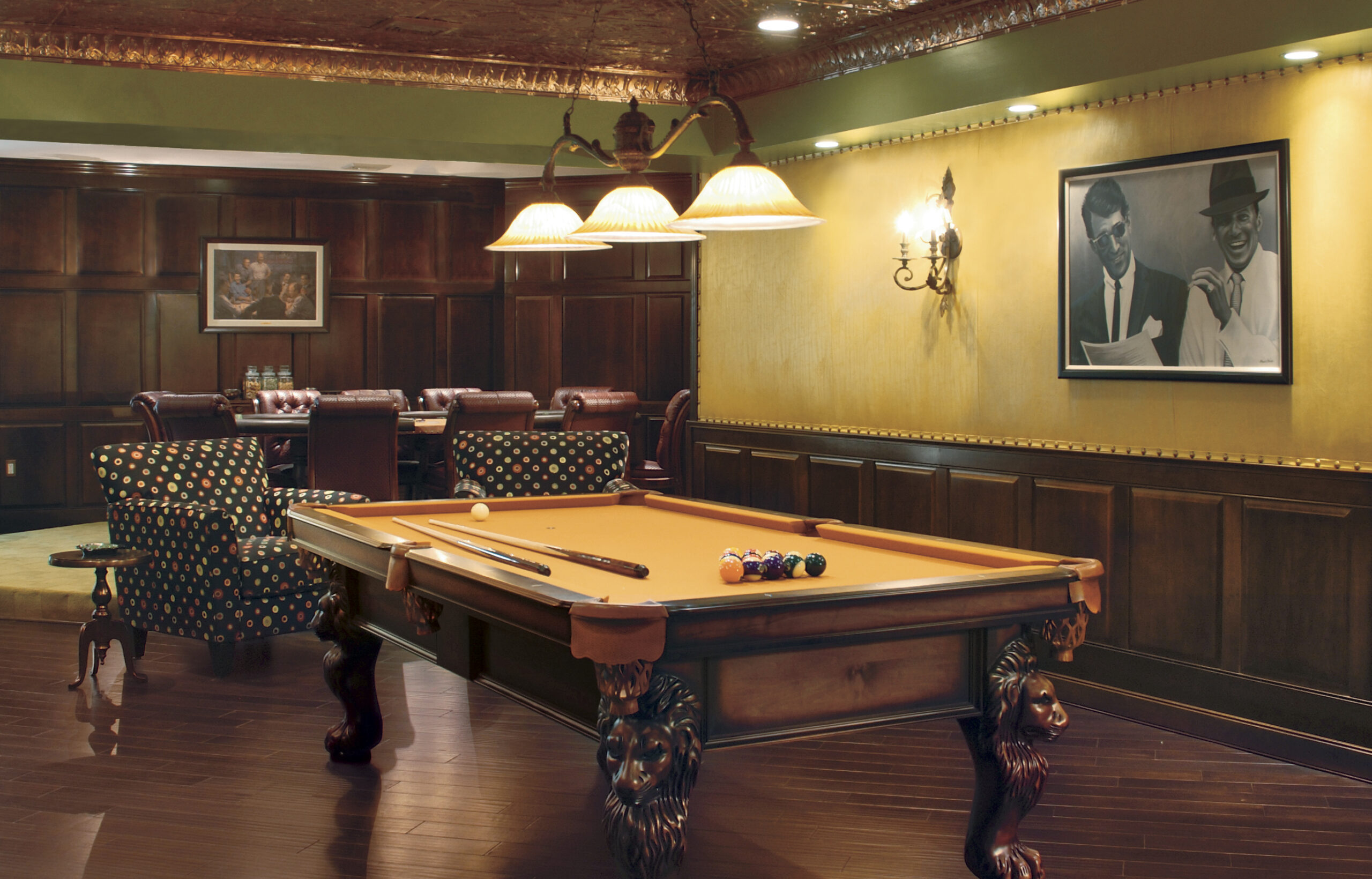 A billiards table in a basement to create a sophisticated game room.