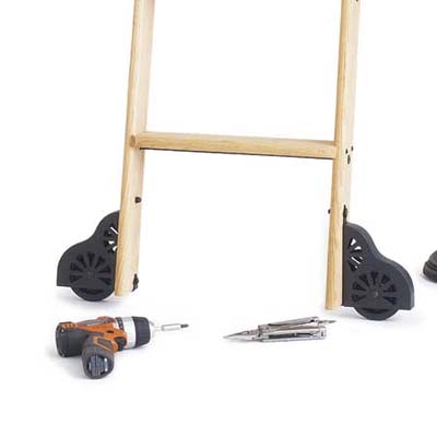 Close-up on wheels on rolling ladder.