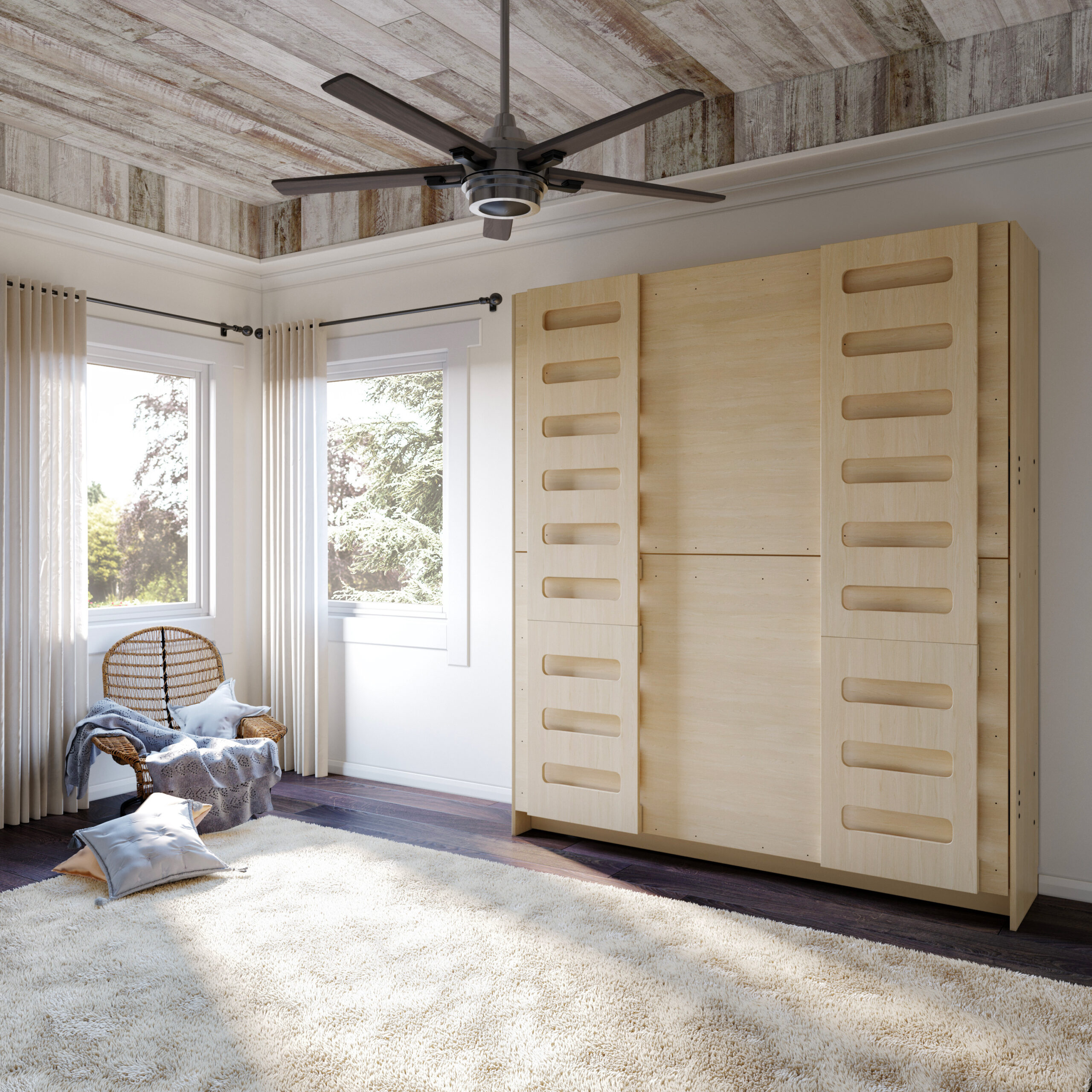 A folded up murphy bed against a wall.