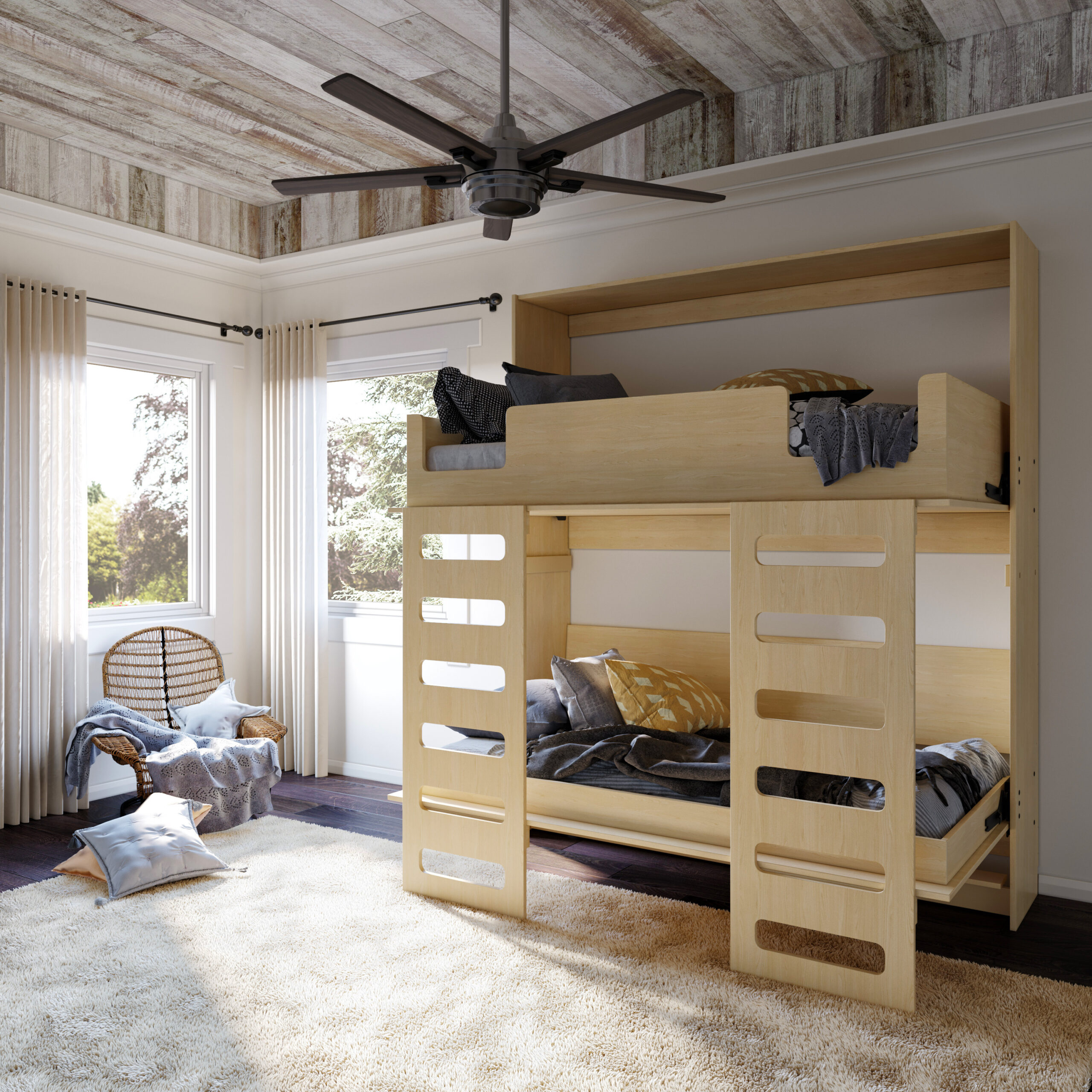 A fully extended set of murphy bunk beds.
