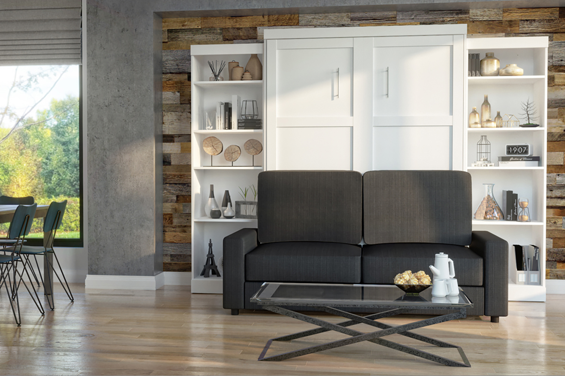 A murphy bed with a sofa in a living room.