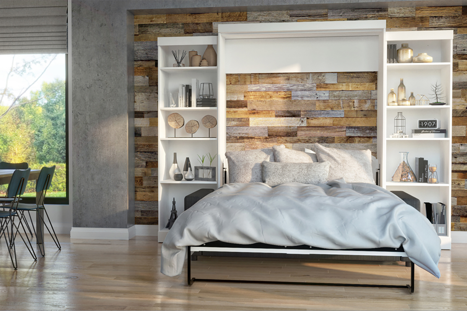 A murphy bed fully extended in a living room.