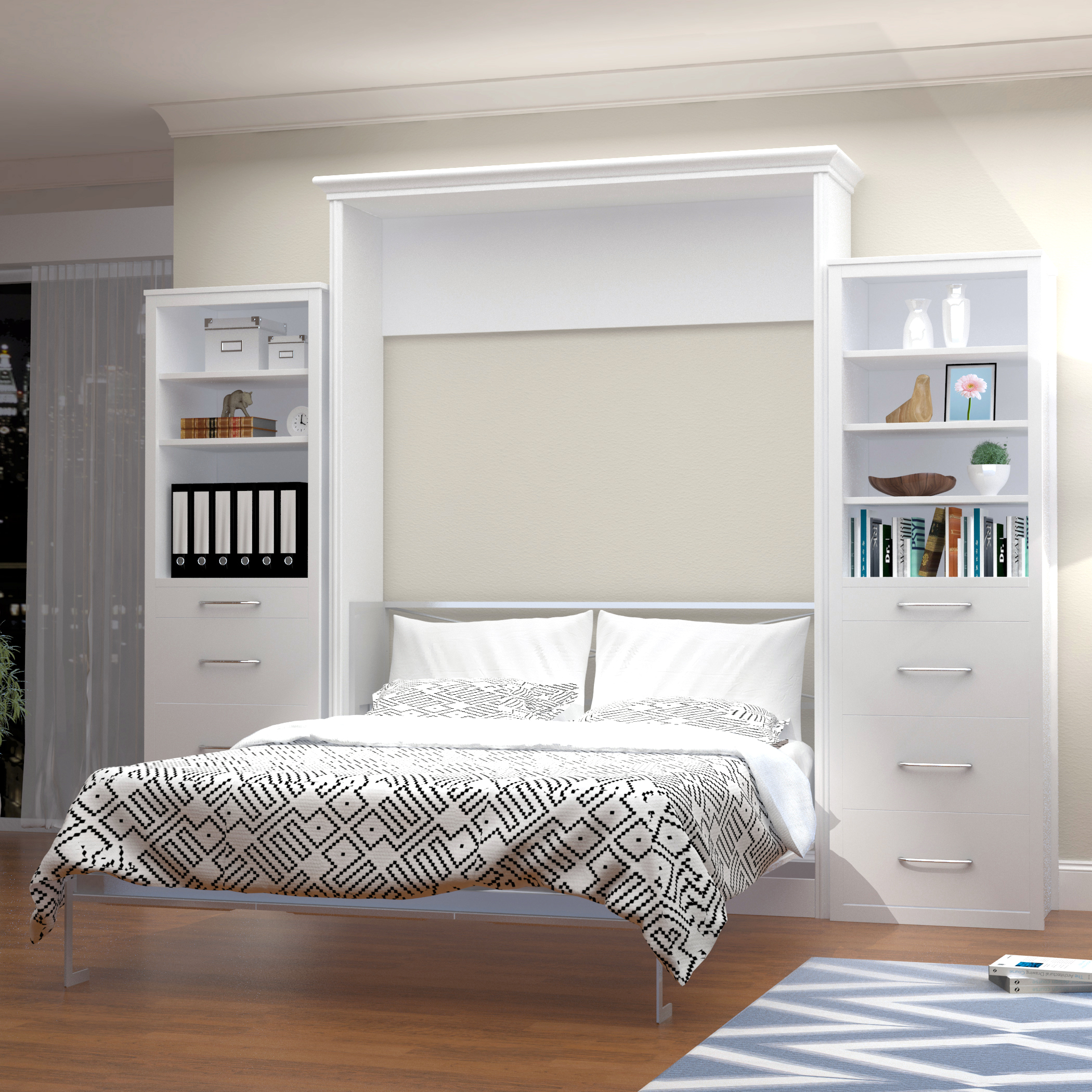 A fully extended murphy bed, bookended by bookcases.