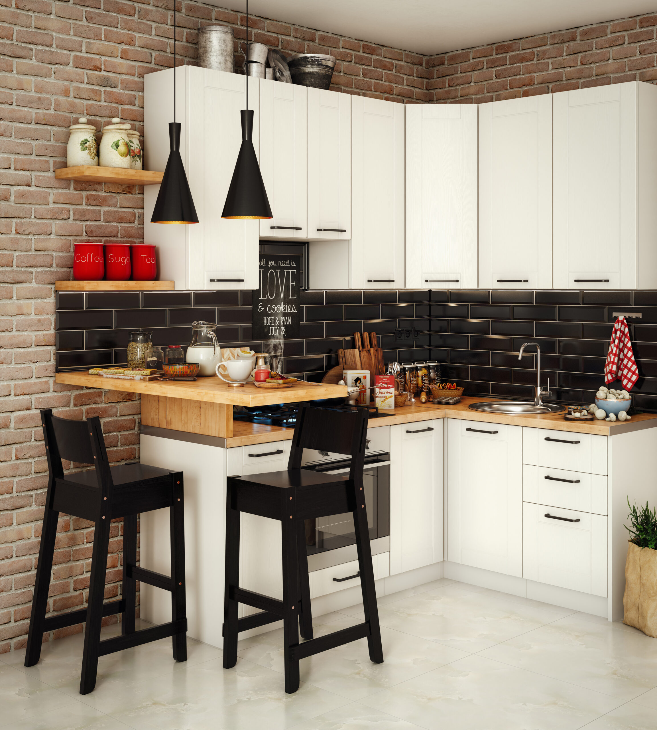 Small open floor plan kitchen with a small high-top eating area.